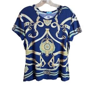J. McLaughlin blue & gold graphic top Size L Versace Vibes